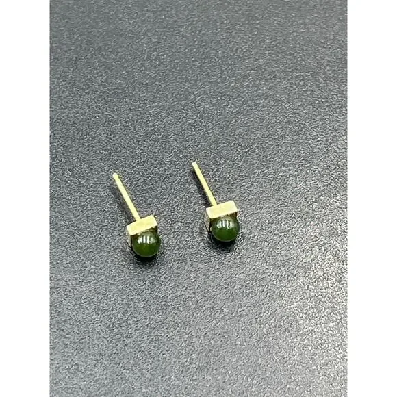 Designer Signed‎ 14k Yellow Gold Green Round Ball Stud Pierced Earrings